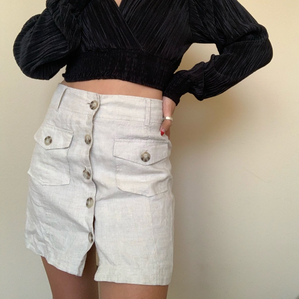 Cream colored linen front button down skirt
